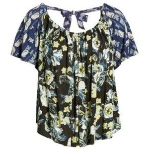 Free People Baja Babe Cold Shoulder Top Black Small Floral Cutout